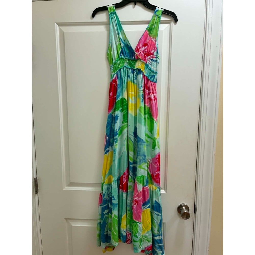 OUSIBO Womens Size 7‎ Tropical Floral Maxi Dress Smocked Empire Waist Resort